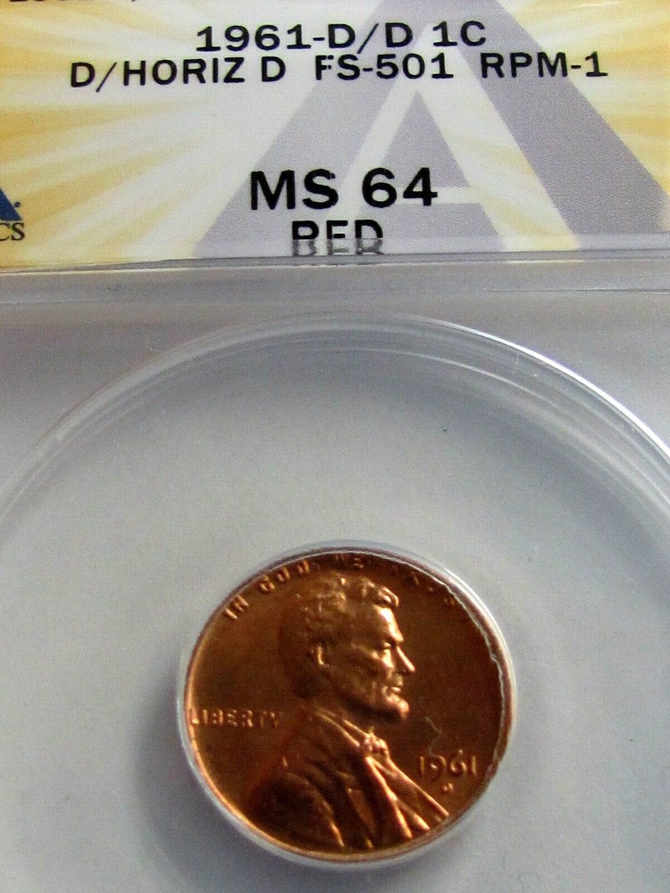 1961 LIINCOLN CENT, D OVER HORIZ D ANACS MS64, NICE