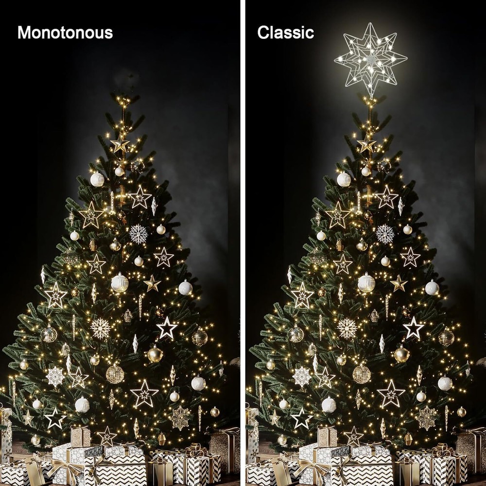 hogardeck Christmas Tree Topper, Glittered Silver 8-Pointed Large,