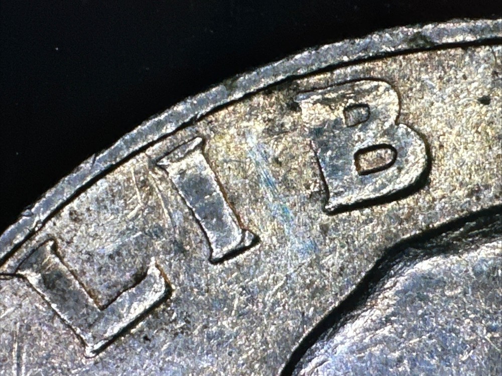 1984 P Quarter Reverse Major Grease Strike Through Error, Slightly Tilted