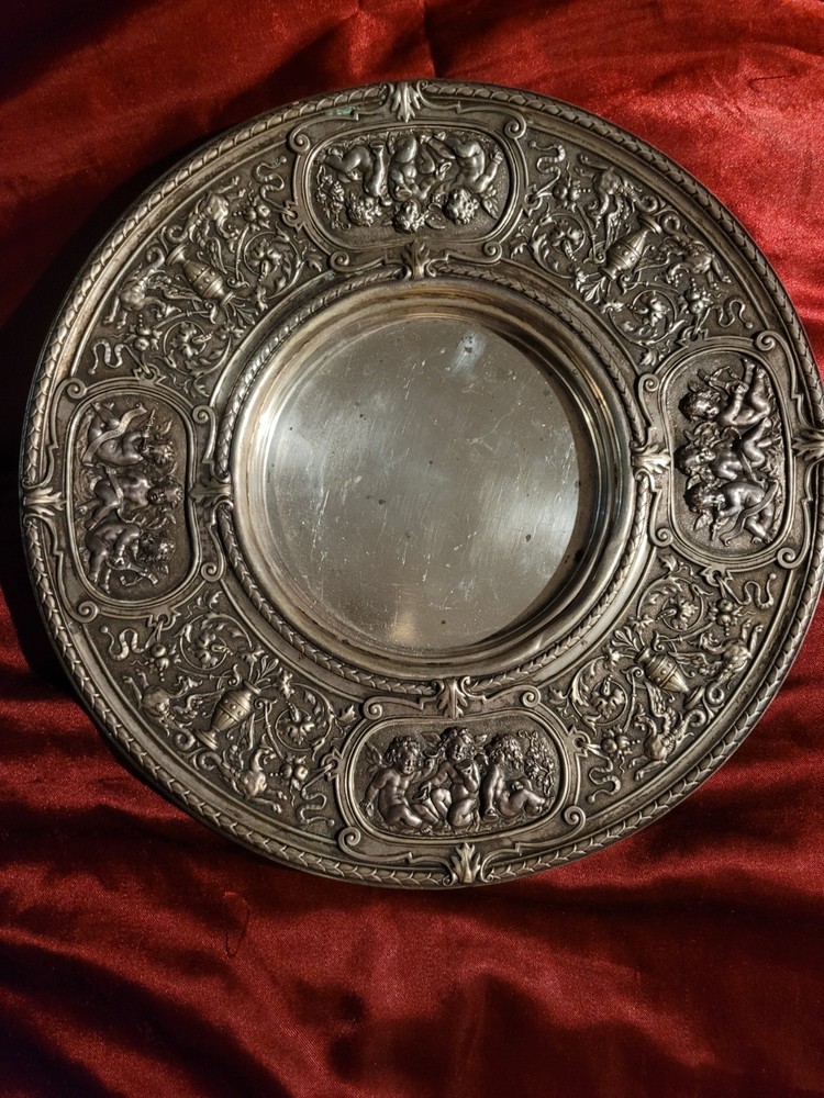 Solid 800M German Silver 10" Plate With Embossed Cherub Scenes. Gorgeous Plate!
