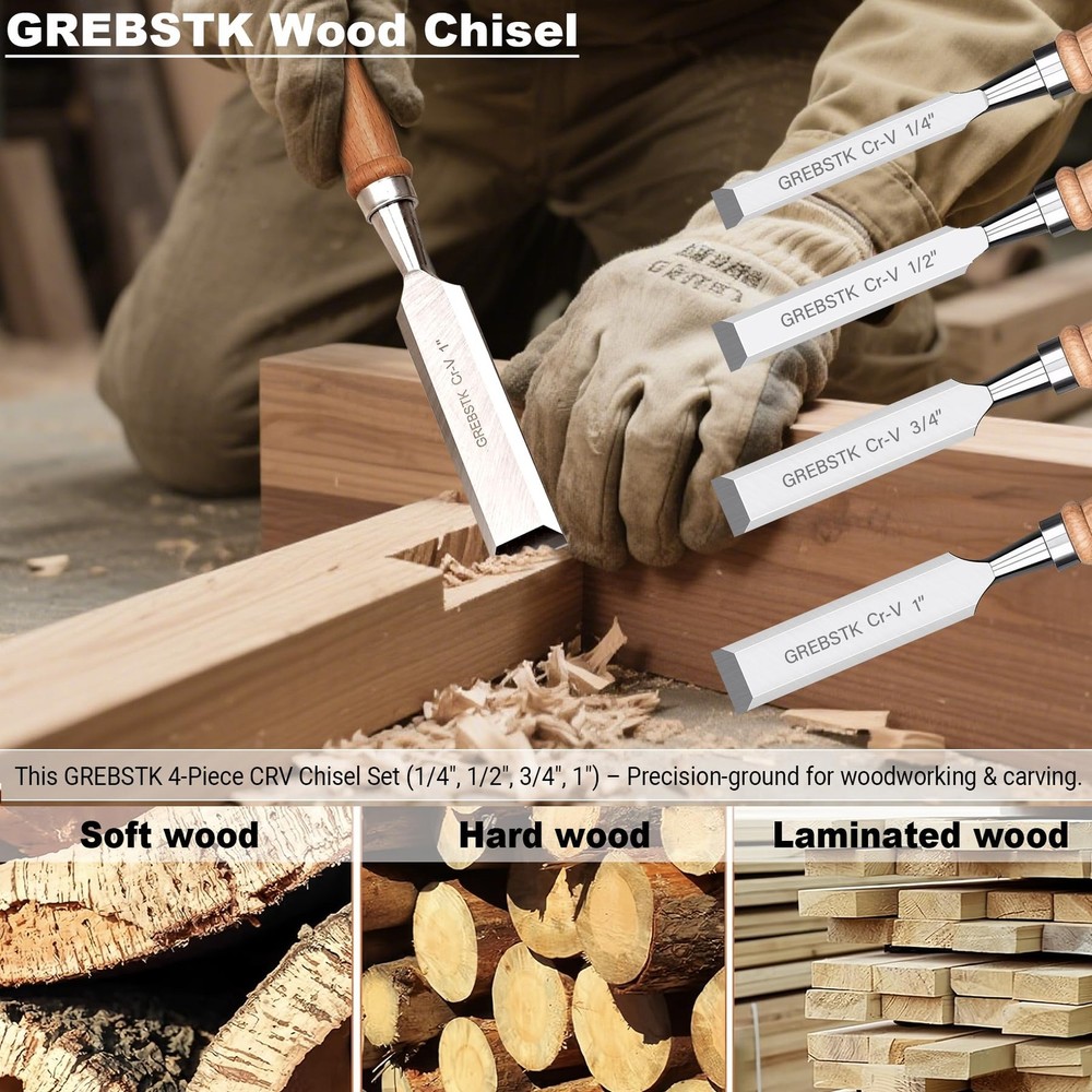 4Pc Wood Chisel Set CRV Steel Bevel Sharp Edge Bench Chisel 1/4", 1/2", 3/4", 1"