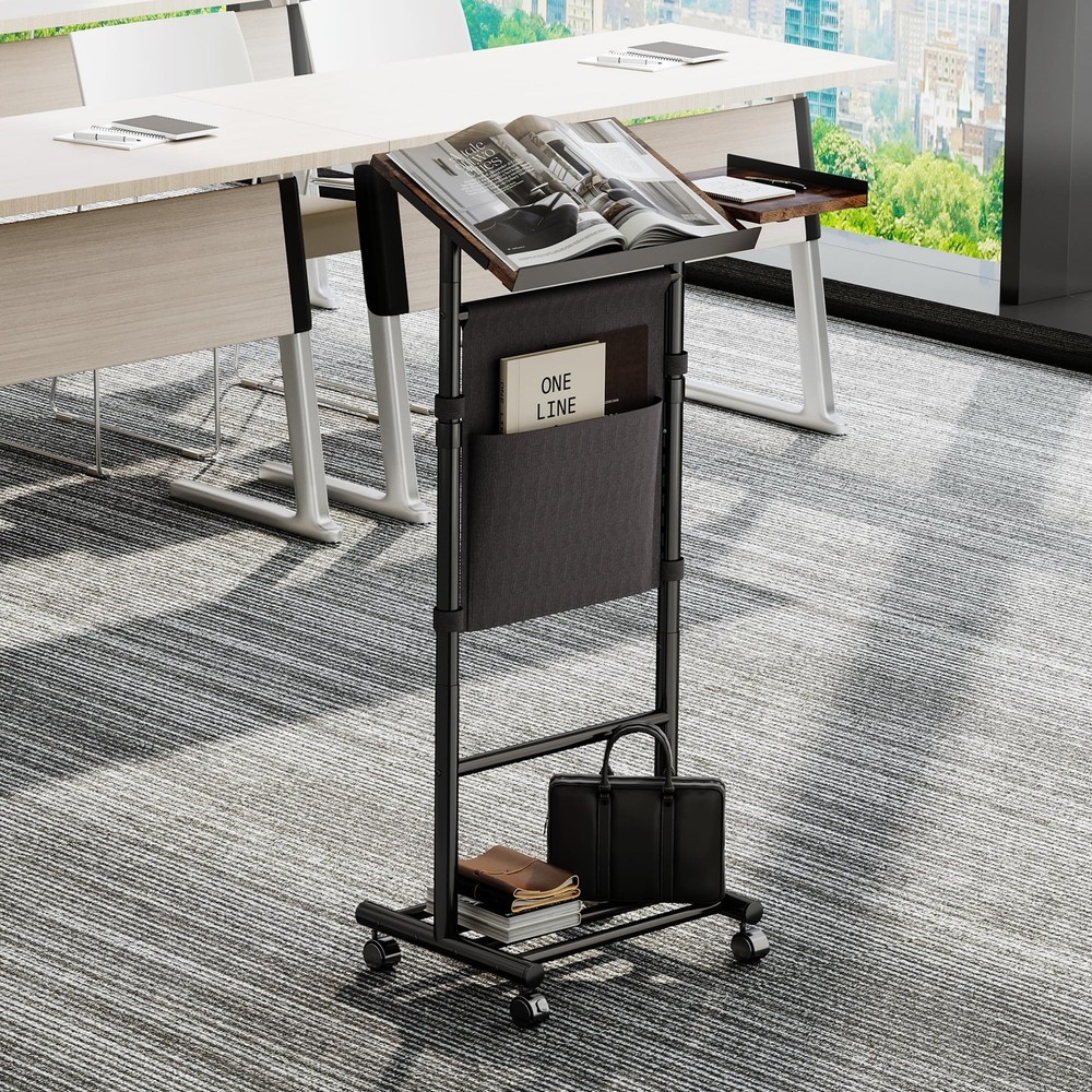 Mobile Standing Desk Podium, Height Adjustable Rolling Lectern with 360° Whee...