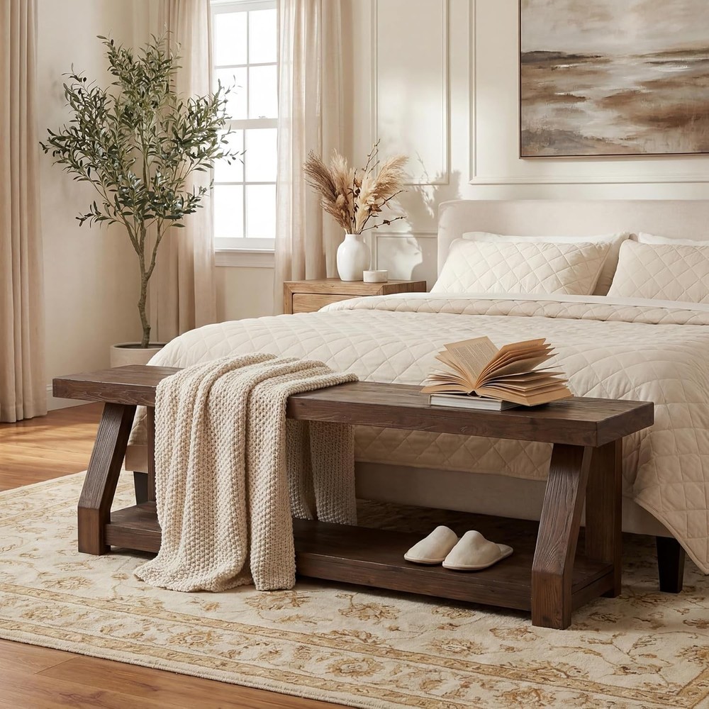 63" Solid Wood Bench, Rustic 2-Tier Entryway Bench with Shoe Storage for Hallway