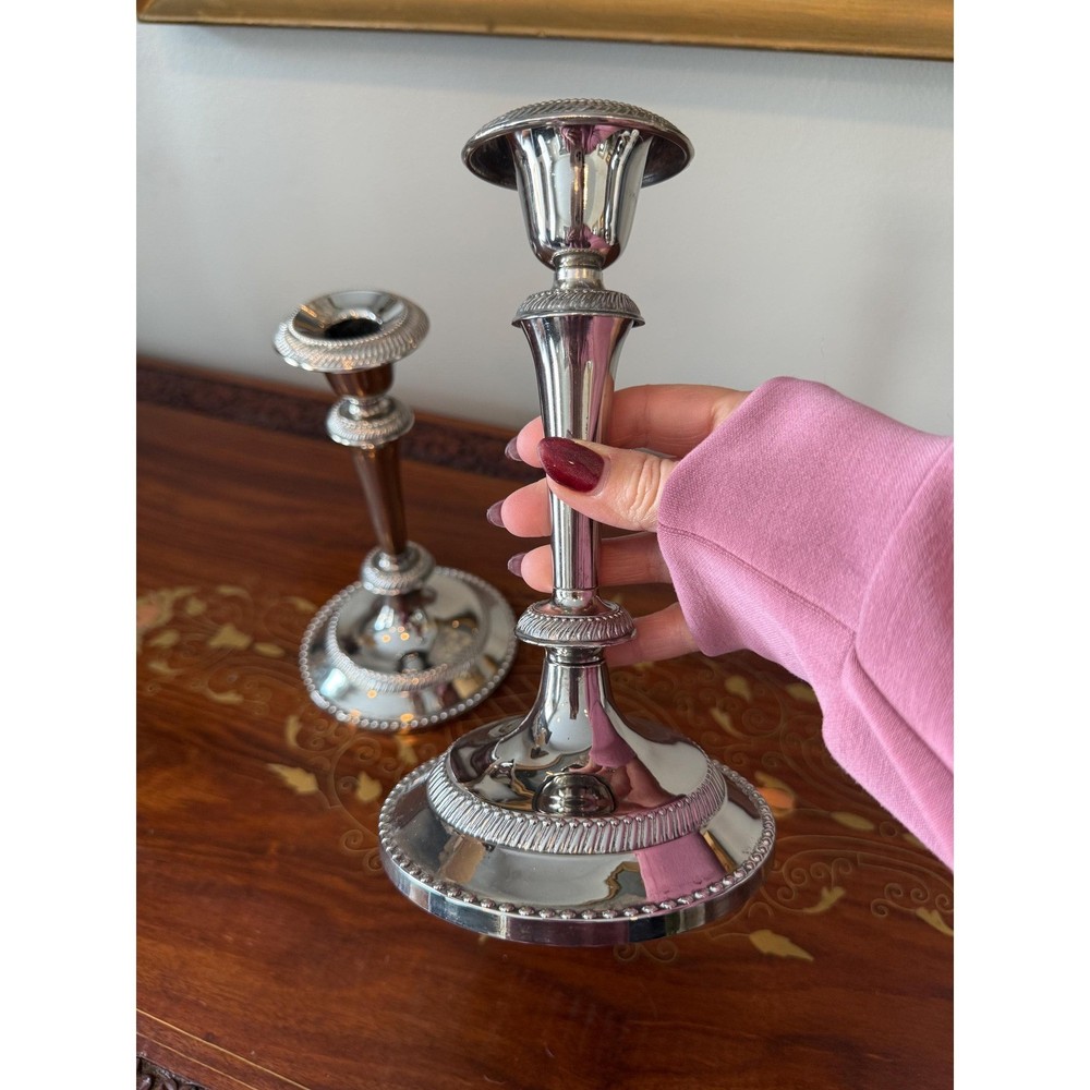 Vintage Silver Plate Candlestick Pair • Neoclassical Taper Holders 7.75"