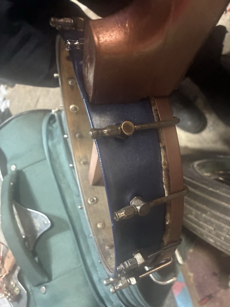 4-String Tenor Open Back Banjo Brown Neck Blue Rim