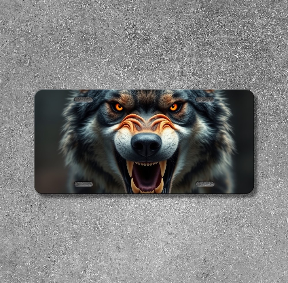 Snarling Wolf License Plate with Sharp Teeth Personalized Car Tag Special Gift