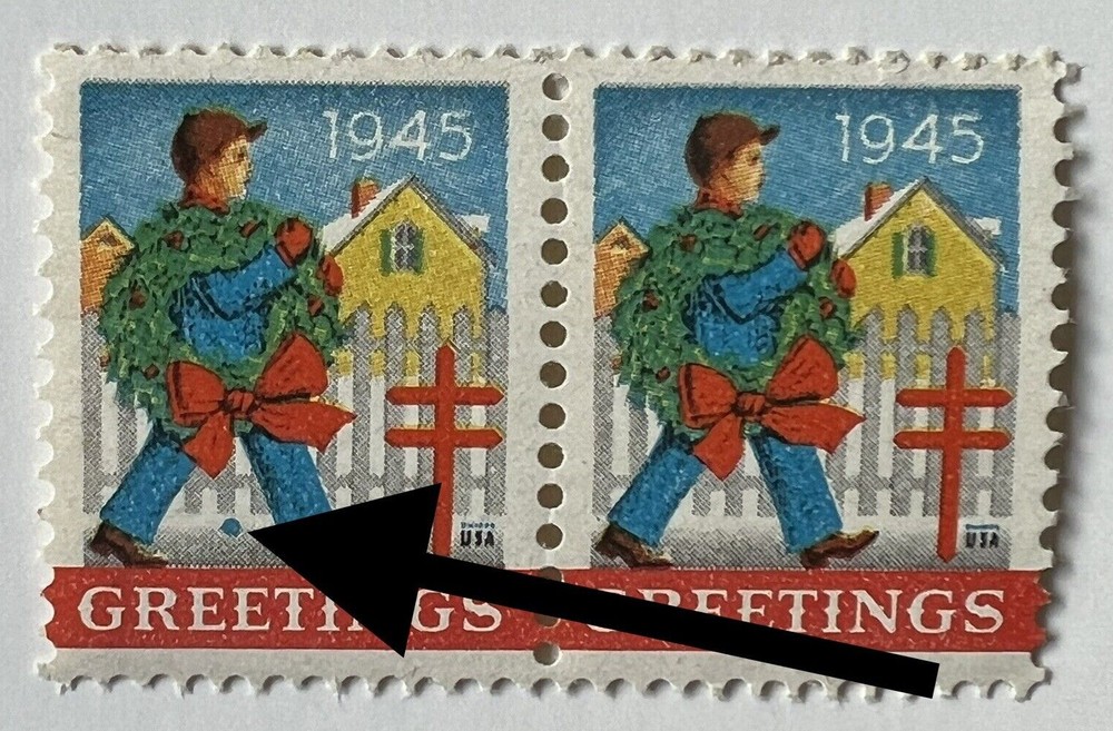 ERROR 1945 CHRISTMAS SEAL STAMPS PAIR WITH BLUE DOT BETWEEN LEGS MNH