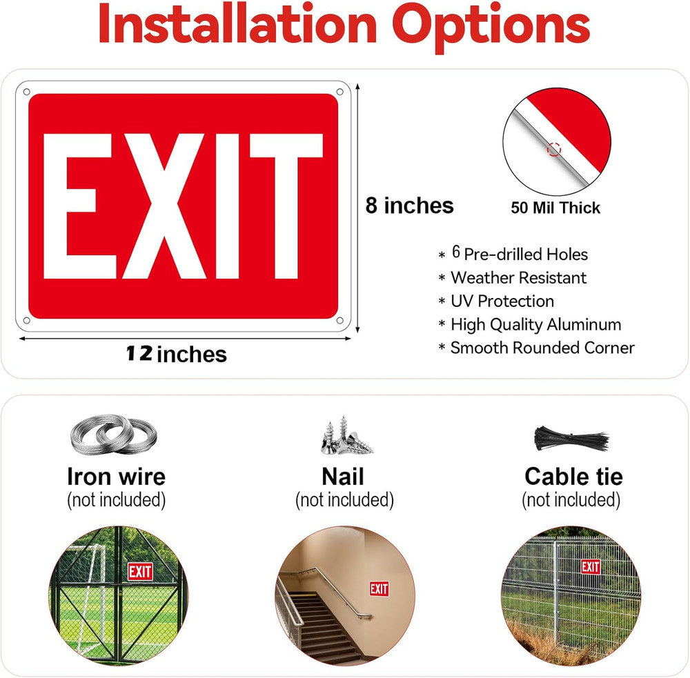 (2 Pack) Exit Signs, Aluminum Exit Sign with Red Background, Exit Sign for Door