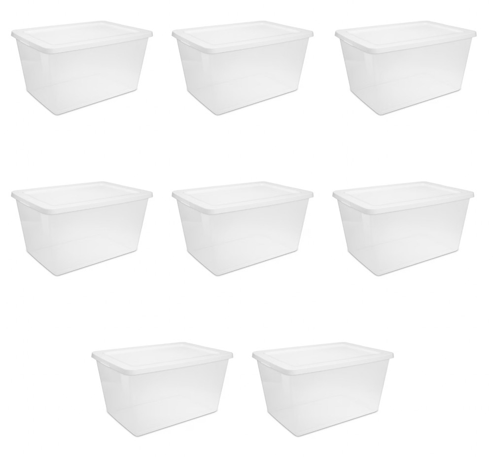 58 Qt Storage Box 8 Pack Clear Plastic Bin, White Snap Lid Stackable