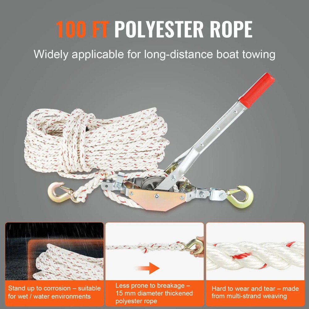 Rope Puller 1653lbs Pulling Capacity with 100' 0.6" Diameter Come Along Winch