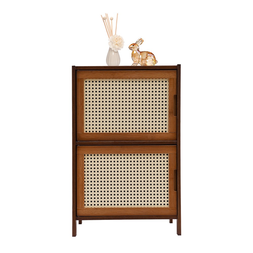 Nightstand With Decor Drawers Rattan Pattern End Table - Bamboo Sofa Side Table