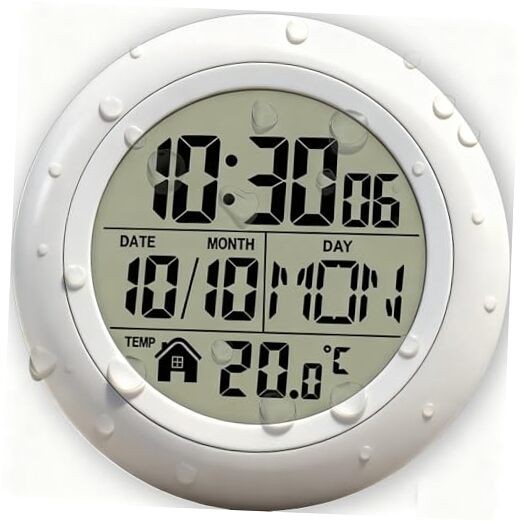 Shower Wall Clock, Digital Timer Shower Clock Waterproof, Bathroom Clock White