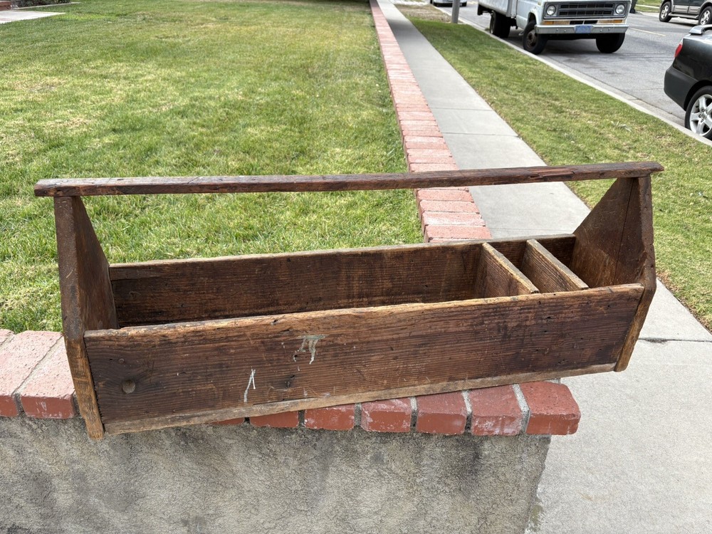 Vintage Handmade Wood Tool Caddy Tool Box Rustic Tray   Extra Long.