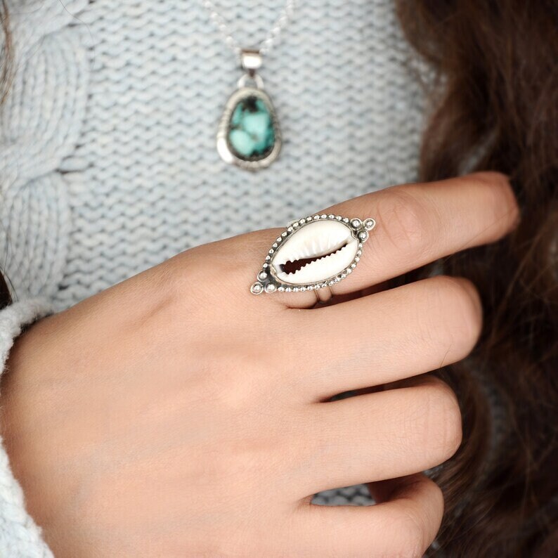 Cowrie Shell Ring 925 Sterling Silver Band &Statement Ring Handmade Ring Allsize