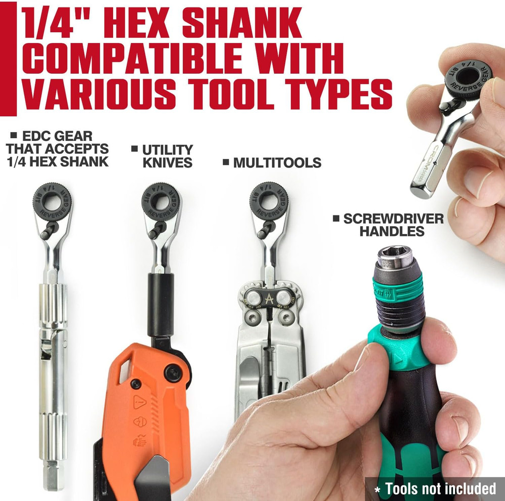 EDC Mini Ratchet Wrench – 1/4-Inch Hex End Multitool Accessory with Bit Holder,