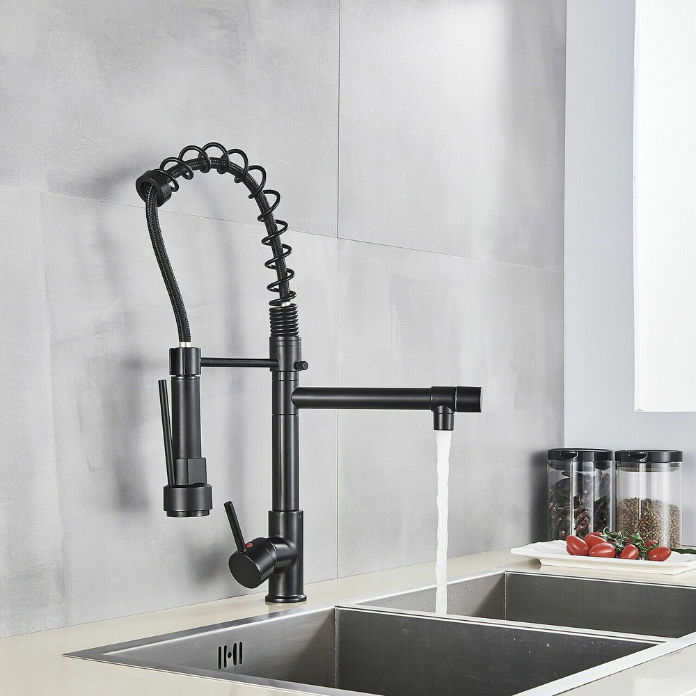 Matte Black Kitchen Sink Faucet Spring Pull Down Sprayer Mixer Tap Deck Mounted