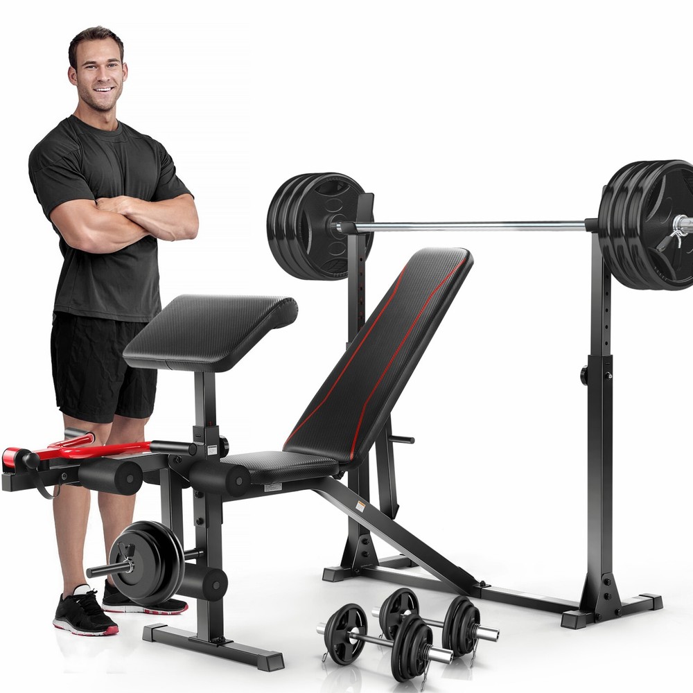 Adjustable Weight Bench Set 900LBS Multi-functional Bench Press Set w/Squat Rack