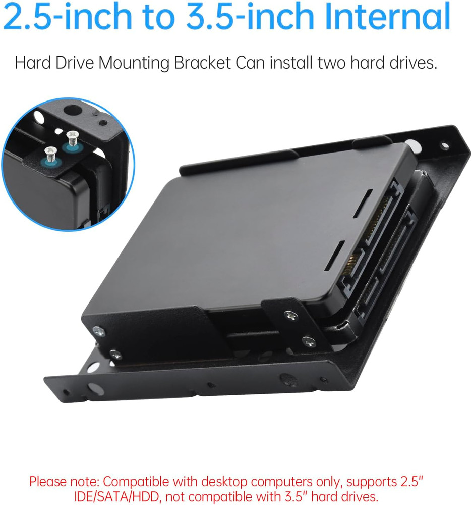 2Pcs Double-Deck SSD Mounting Bracket 2.5" to 3.5" HDD Holder SATA & Power Cable