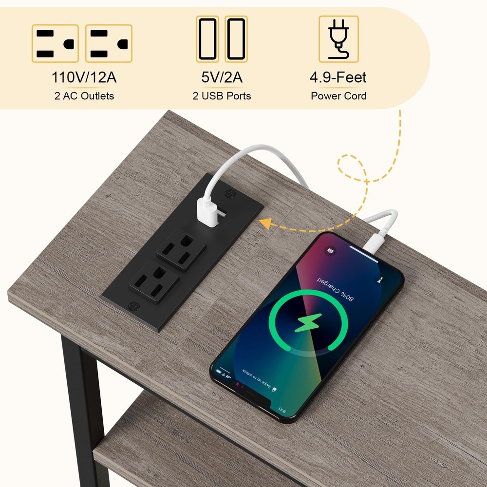 Snughome Narrow Side Table with Charging Station, Slim End Table for Small Sp...