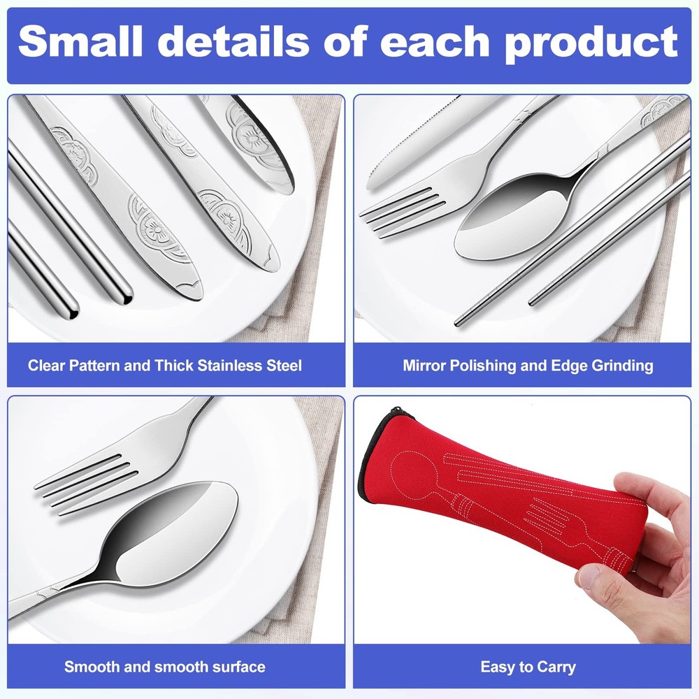 6 Pack Reusable Flatware Sets Spoon Fork Knife Chopsticks 24Pcs Silverware