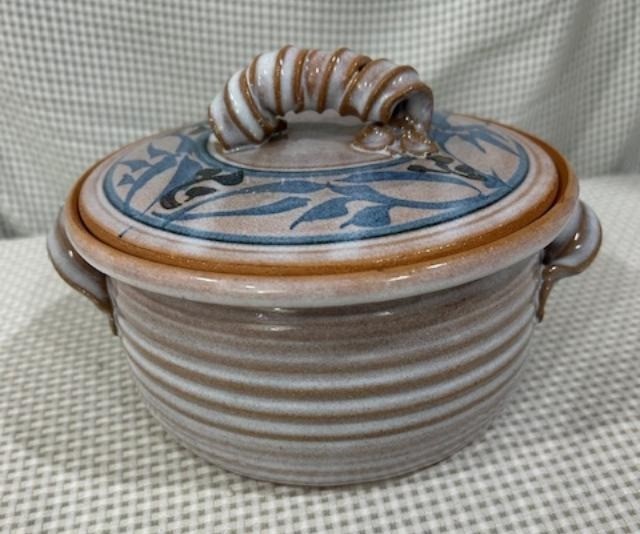 Studio Art Pottery Signed 8” Diameter Crock With Lid Curly Handle