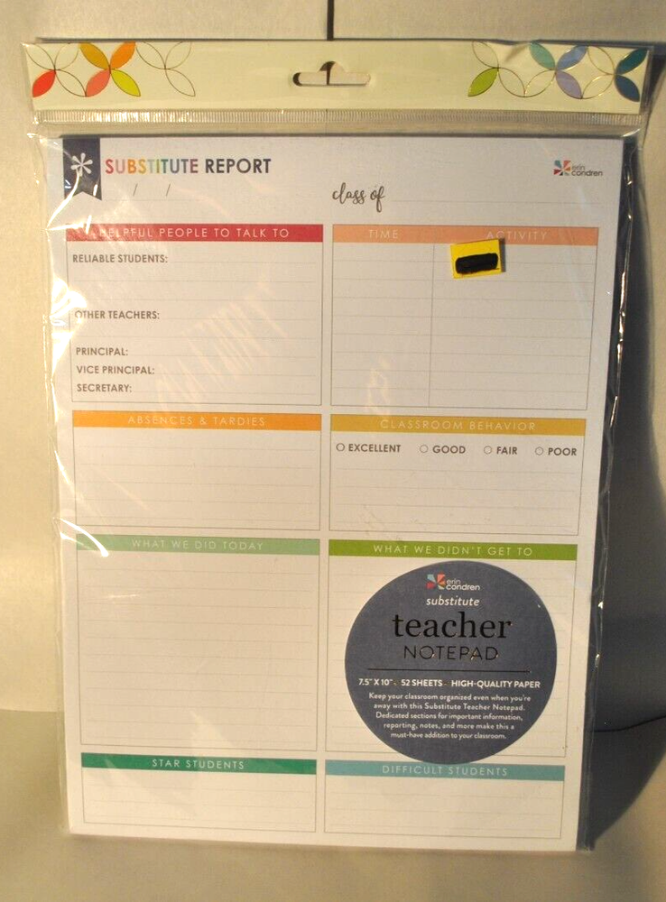 ERIN CONDREN TEACHER NOTEPAD SUBSTITUTE REPORT 52 SHEETS