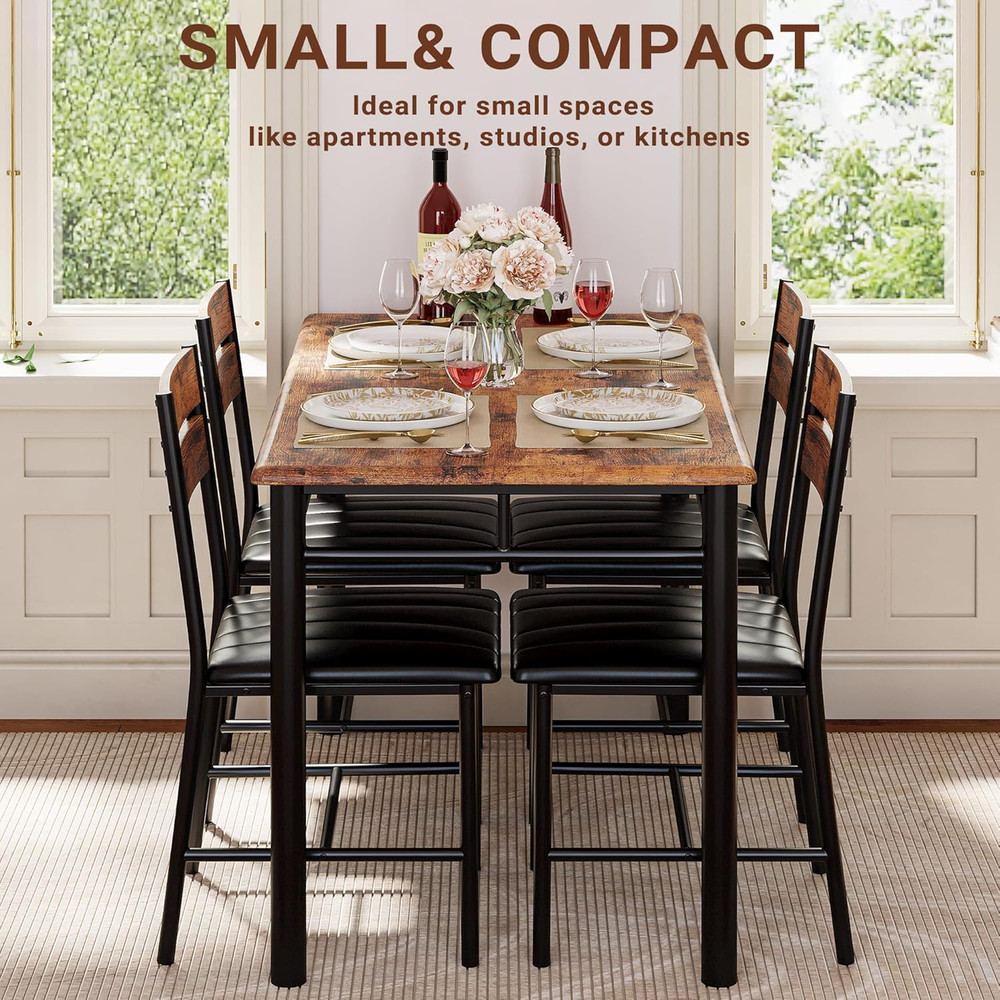 Dining Table Set for 4, Wood Kitchen Table with Upholstered Chairs for Kitchen R
