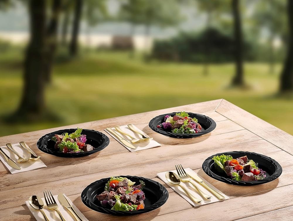 200 Bla Plastic Plates Set - 9 Inch Disposable Dinner Plates Bulk