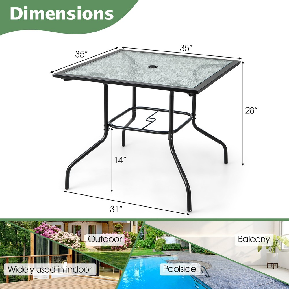 35" Patio Dining Table Square Dining Table w/Tempered Glass Tabletop Black