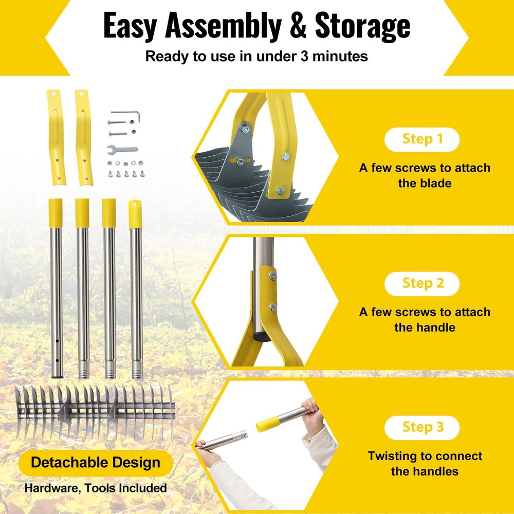 Garden Leaf Rake: Dual Function Thatching Rake for Lawn Dead Grass Silver