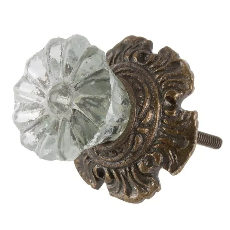 Vintage-Brass Metal Flower Crystal Clear Solid Glass bronzed Knob Handle pulls
