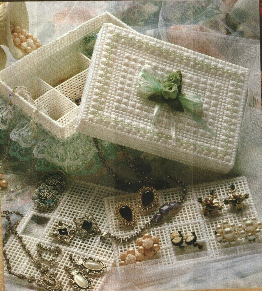 FRILLY TREASURES JEWELRY BOX HOME DECOR PLASTIC CANVAS PATTERN INSTRUCTIONS