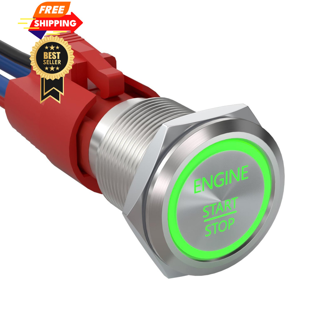 APIELE Push Start Ignition Switch, Off-(ON) Momentary, Silver Shell-Green