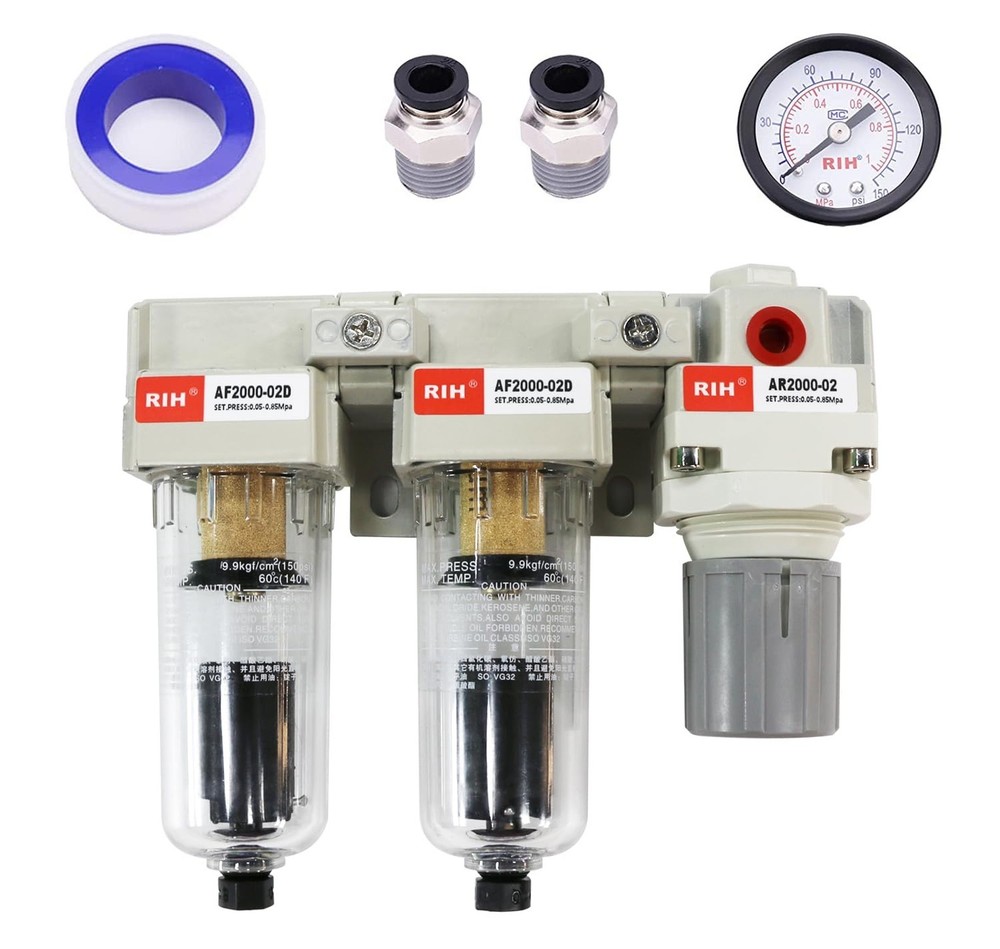 RIH Pneumatics 1/4'' NPT Auto Drain Compressed Air Double Filter & Regulator,...