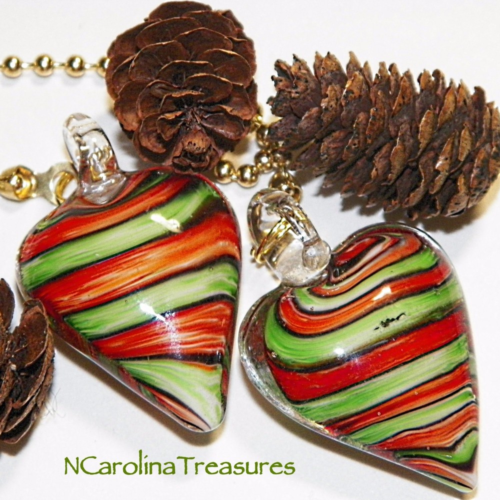 RED GREEN STRIPE HEART HEARTS GLASS CEILING FAN SWITCH PULL PULLS LG PAIR H399