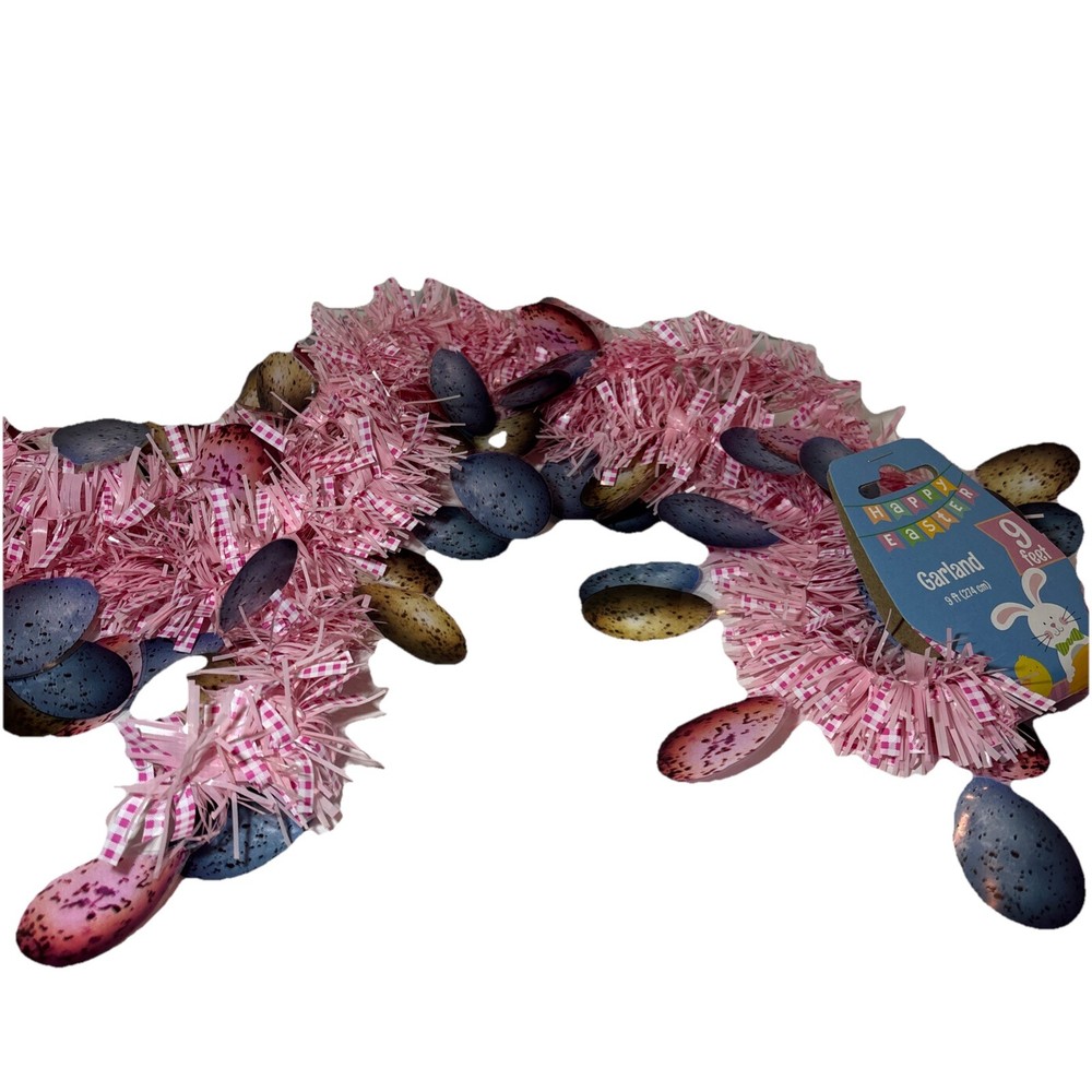 Happy Easter NEW Pink And White Checkered Garland With Artificial Eggs, 9ft Long