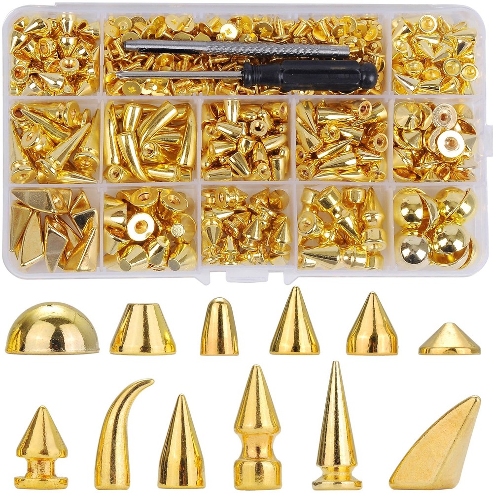 270 Sets Mixed Shape Spikes and Studs Gold Color Screw Back Bullet Cone Studs...