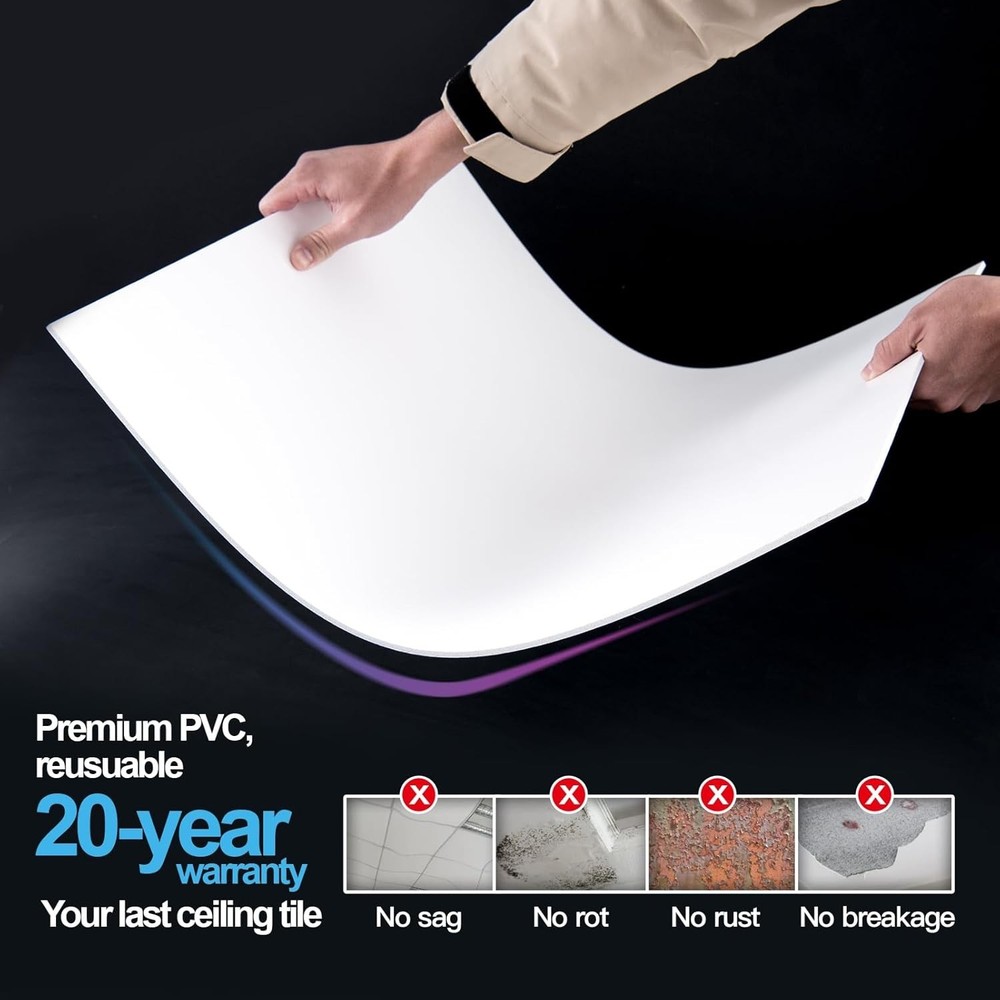 10-Pack Smooth Drop Ceiling Tile 2ft x 4ft - Fire-Rated, Waterproof, Reusable...