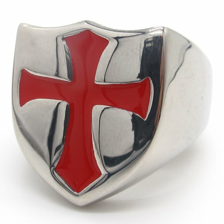 MENDEL Knights Templar Ring Stainless Steel Masonic Crusader Shield Cross Silver