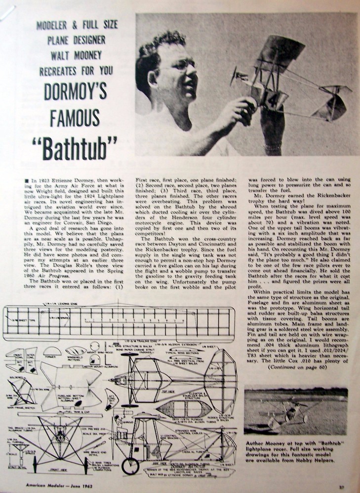 DORMOY BATHTUB PLANS + BUILDING ARTICLE for a 28" FF Model Airplane