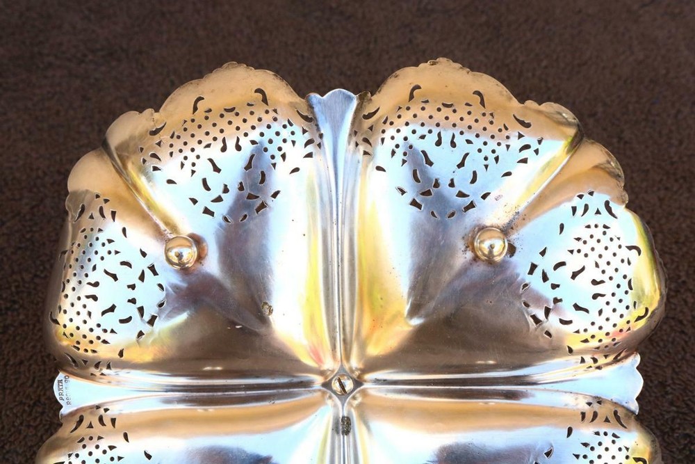 Serving Tray Dish Silver Colored Metal Elegant Cutwork Style Lace Look Handle NC