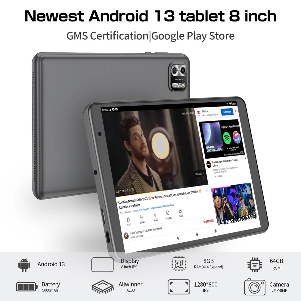 NEW 8-inch Android Tablets 8GB+64GB Dual Camera Bluetooth WIFI-Grey