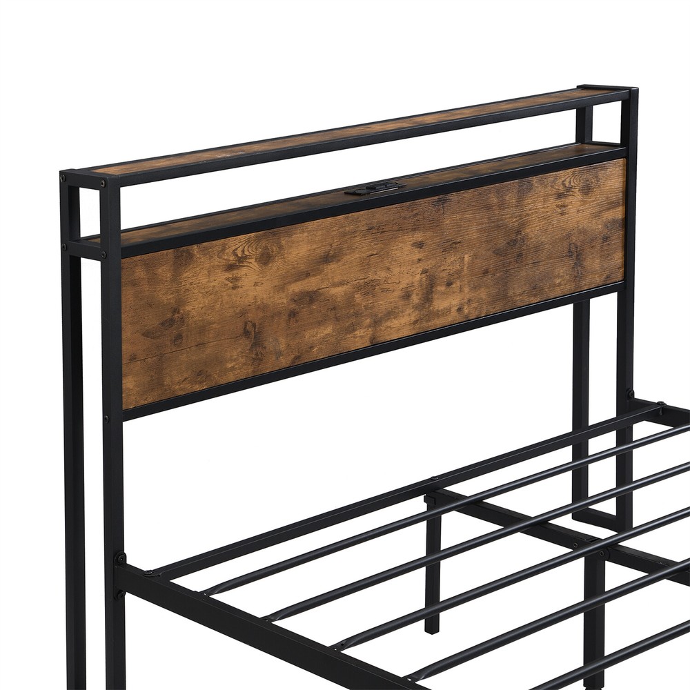 Full Size Bed Frame Metal Platform Bed Frame with Wood Headboard & USB Port