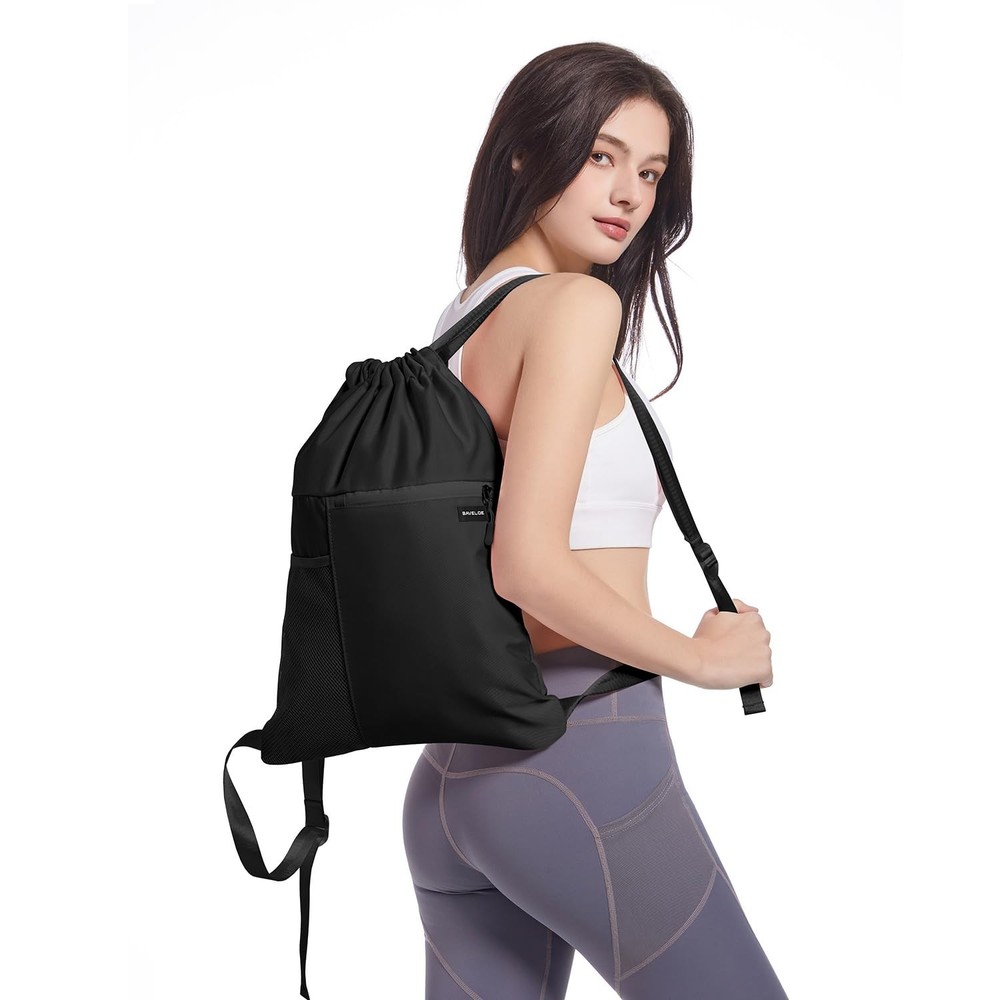 BAVELOE Drawstring Backpack with Mesh Pocket Water Resistant One Size, Black