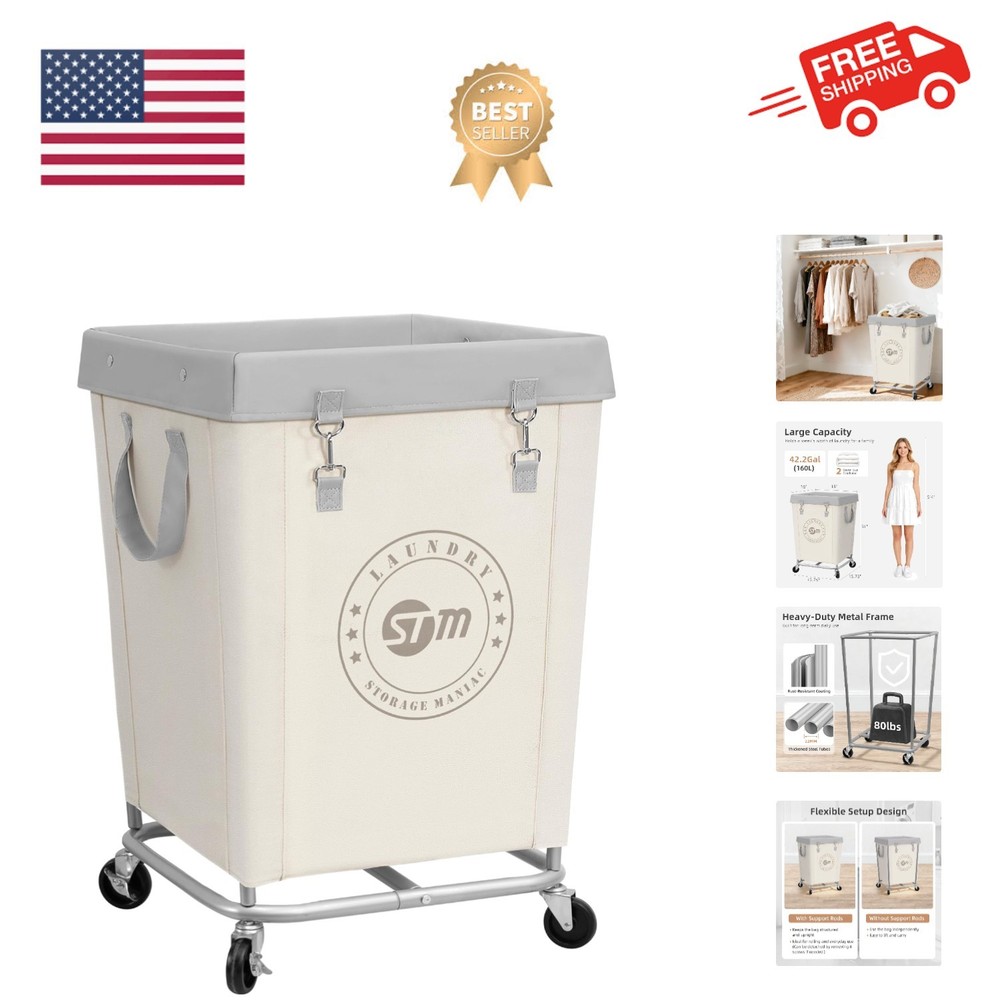 Durable Canvas Laundry Hamper with Heavy Duty Wheels and Button Closure 31"H