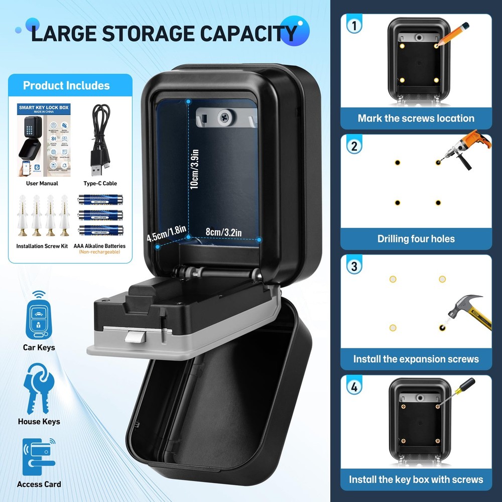 Smart Key Lock Box - Bluetooth Electronic Lock Box for Keys, Wall Mount Digit...