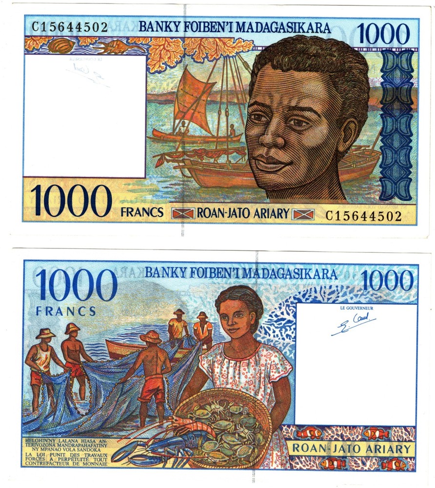 1994 Madagascar P75b 1000 Francs  Ariary banknote UNC