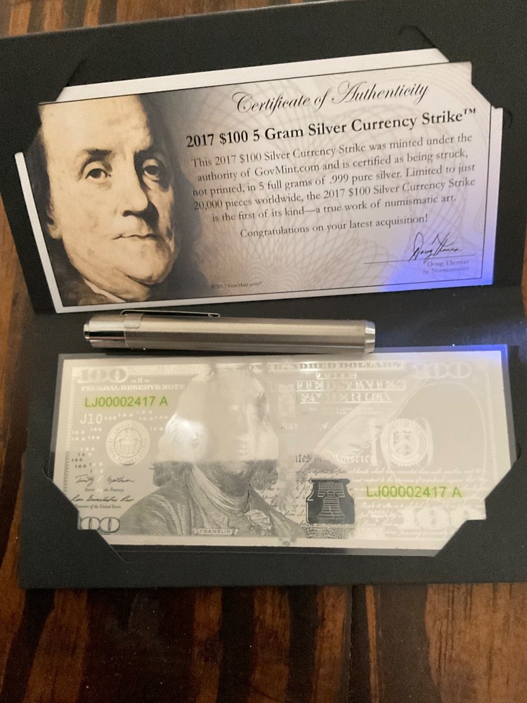 2017 $100.00 5 gram currency strike with pen.