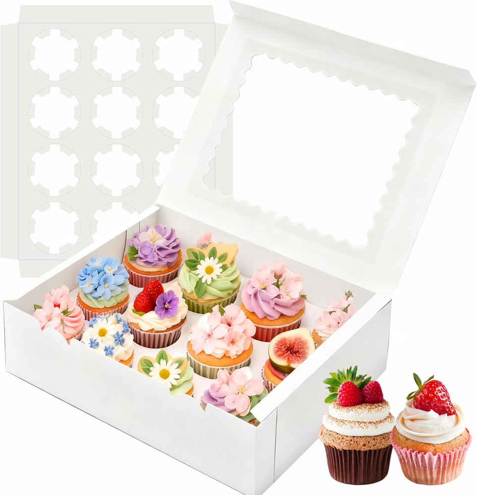 12Pcs Cupcake Boxes, 12 Count Cupcake Box, Viewing Window Cupcake Containers，Sui