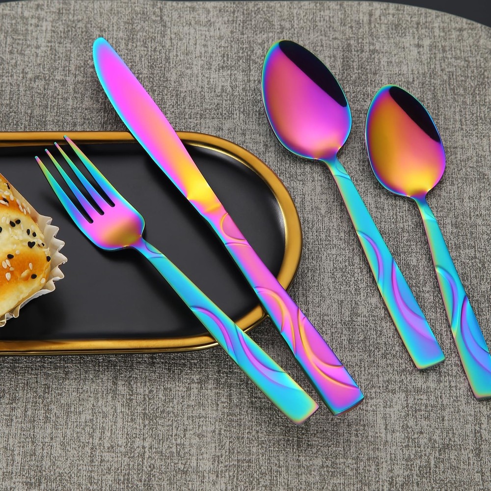FONGDANLAITE Rainbow Stainless Steel Flatware Set for 6 Ergonomic Silverware Set